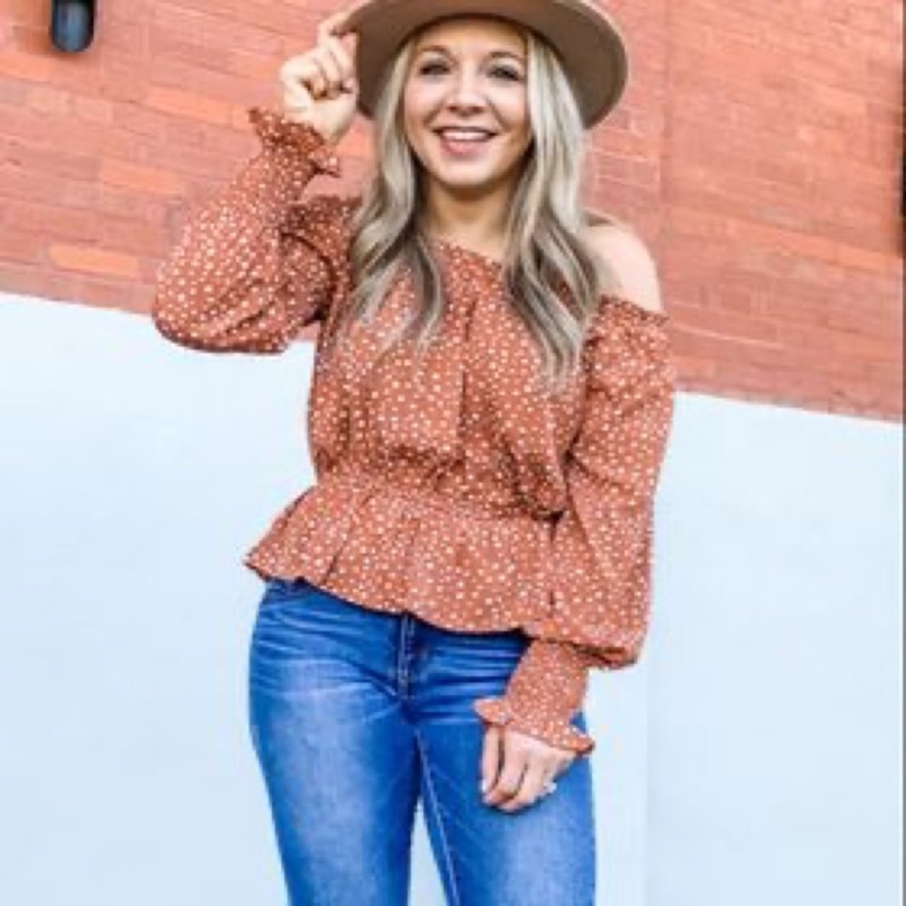 Pink Lily Off-Shoulder Rust Polka Dot Blouse